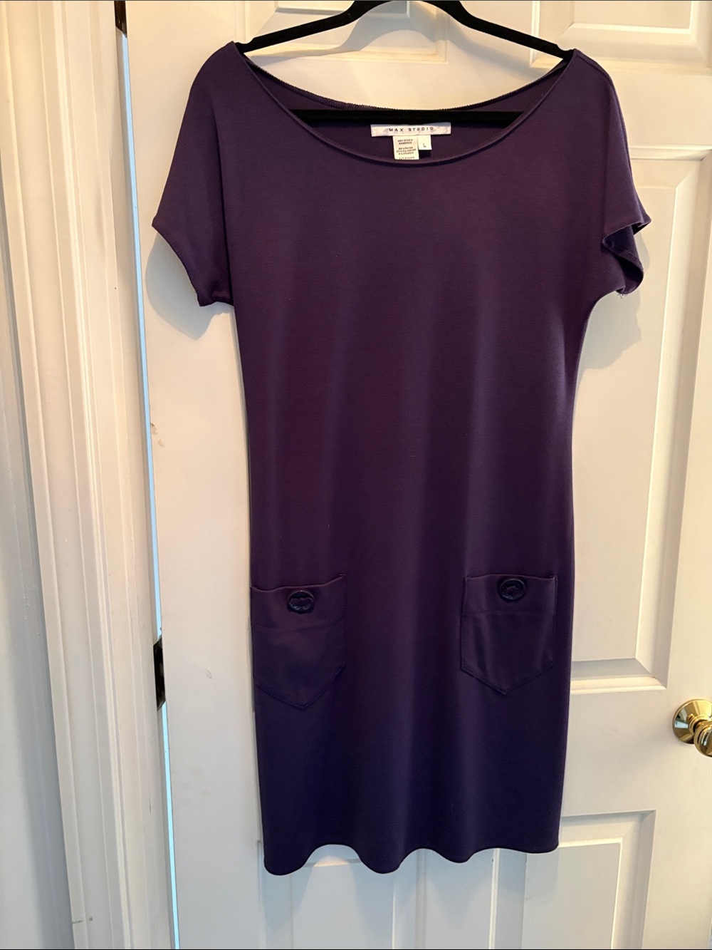 Max Studio Deep Purple Short Sleeve Midi Dress with Front Patch Pockets